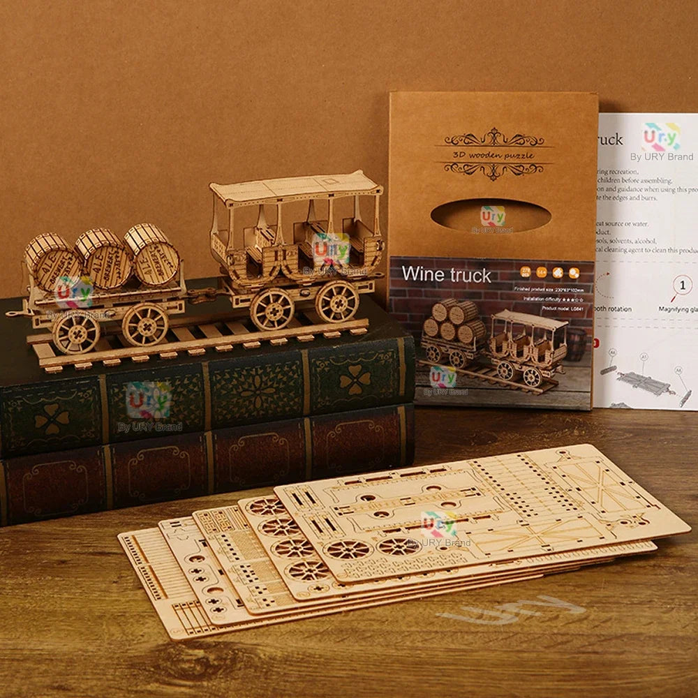 Ury 3D Wooden Puzzle Movable Retro Steam Train Double-decker Bus Handmade Assembly Truck Model DIY Toys Decoration Gift for Kids