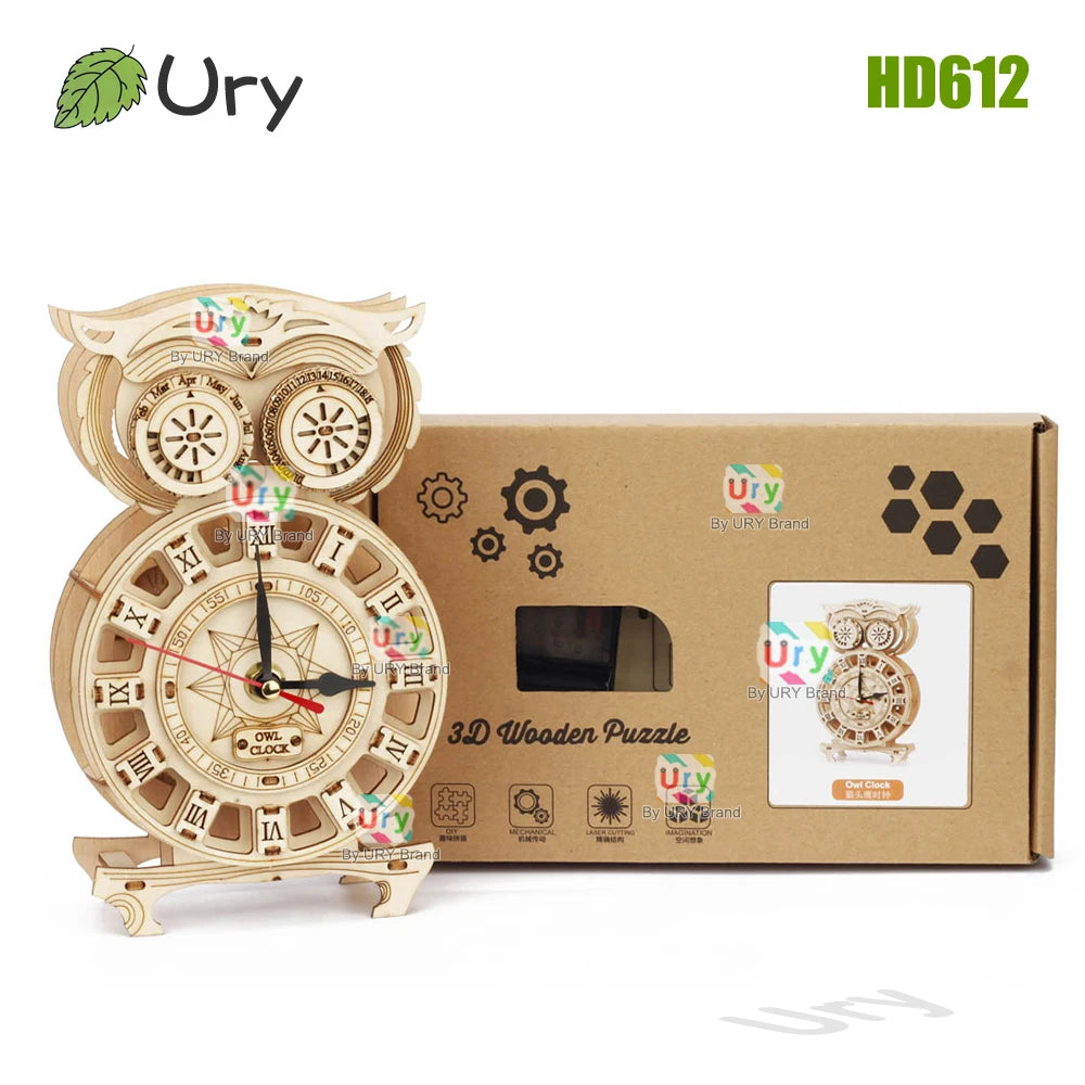 Ury 3D Wooden Puzzle Retro Pendulum Owl Wall Clock Model Set Hygrometer Mechanical Gear Decoration Hand-assembled Toy Kids Gift