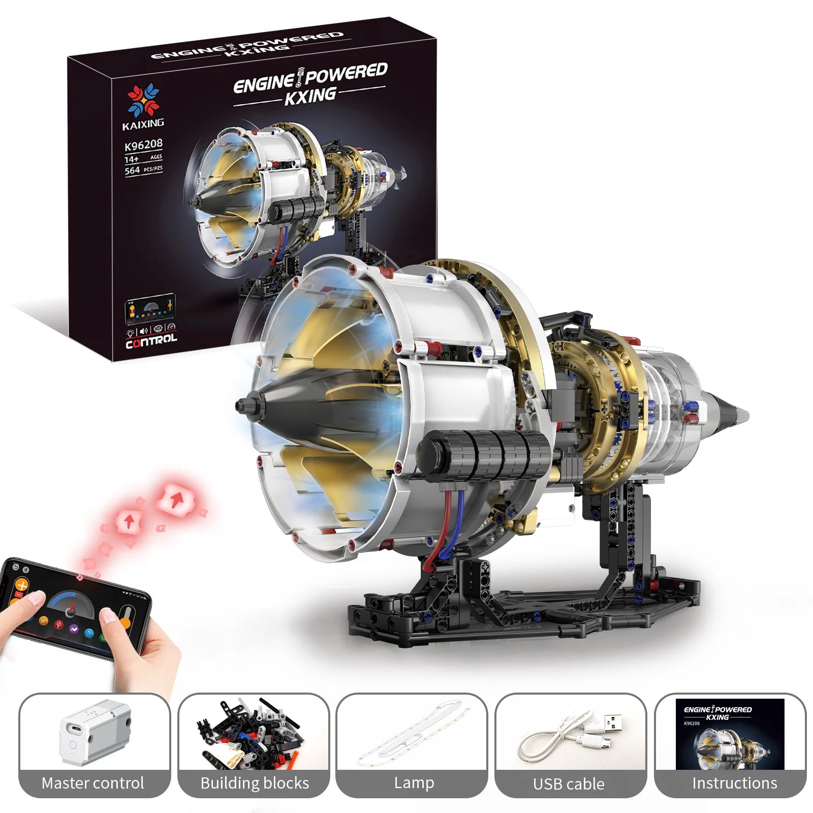 564PCS Aviation Turbofan Engine Building Kit DIY Simulation Model with LED Lights APP Programmable Control STEM Educational Toy