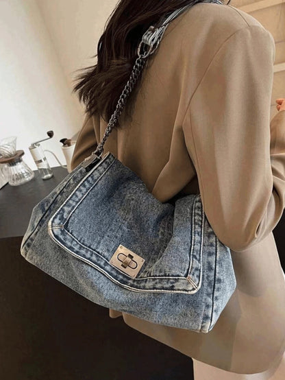 Denim Tote Bag with Metal Buckle and Chain Strap Deep Blue Light Blue Black Vintage Stitching Design for Women Non-Adjustable Sl