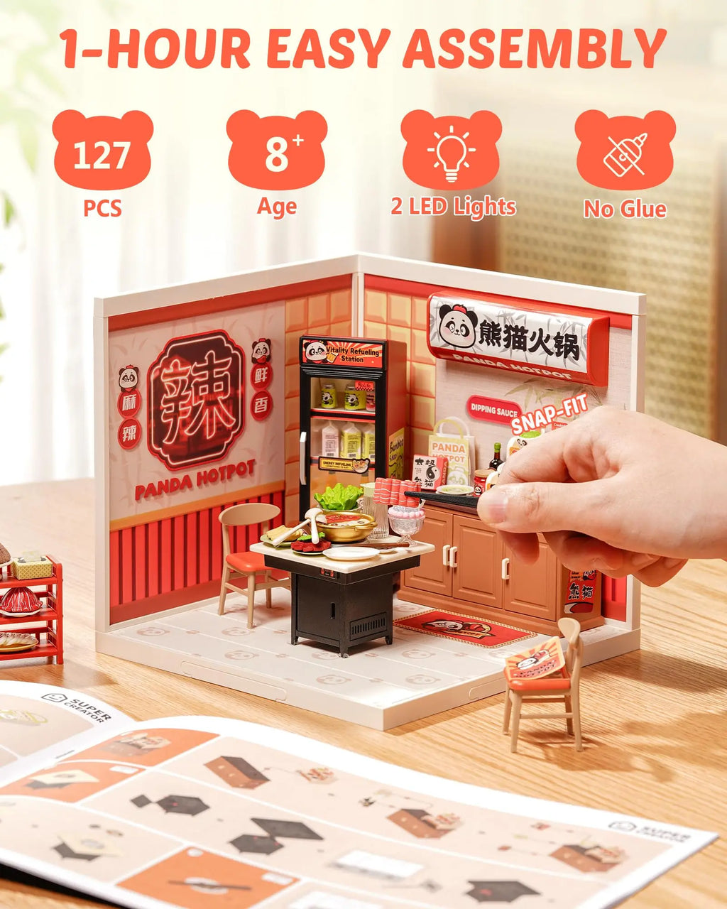 Rolife Panda Hot Pot DIY Modern Miniature Assembly Model Kit Tiny Accessories Themed Diorama For Stress Relief Kids Adults