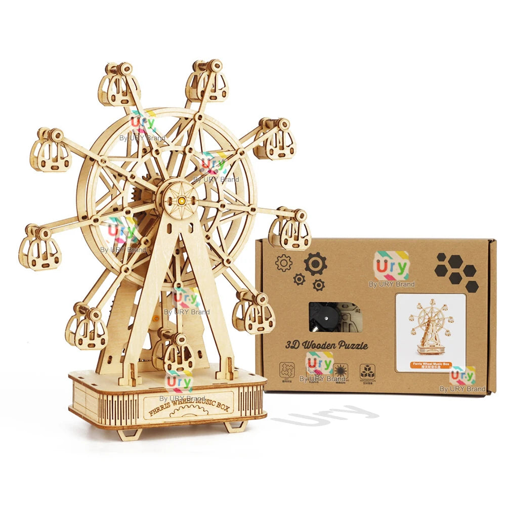 Rotatable DIY 3D Puzzles Mini Ferris Wheel Music Octave Box Wooden Model Mechanical Kits Assembly Decor Toy Gift for Kids Adult