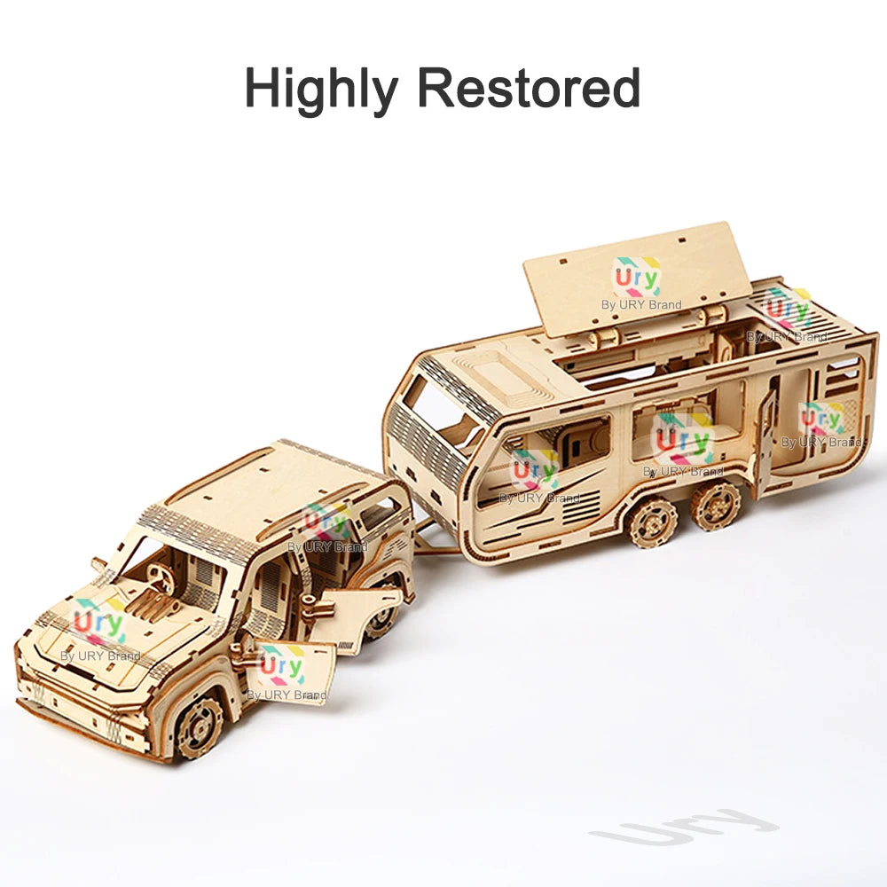 Ury 3D Wooden Puzzle Movable Caravan Travel Trailer Motor Home Handmade Assembly Truck Model DIY Toys Decoration Gift for Kids