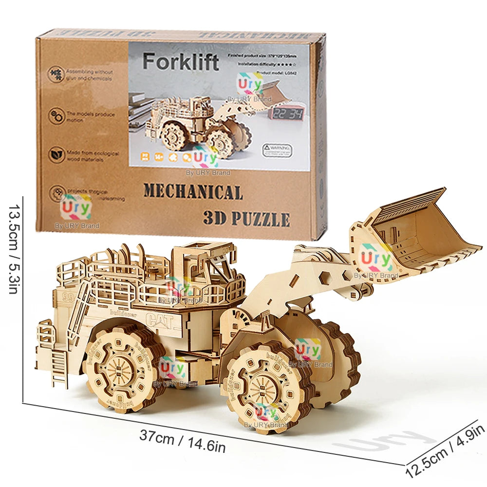 Ury 3D Wooden Puzzle Movable Engineering Vehicle Forklift Bulldozer Assembly Truck Car Model DIY Toys Decoration Gift for Kids