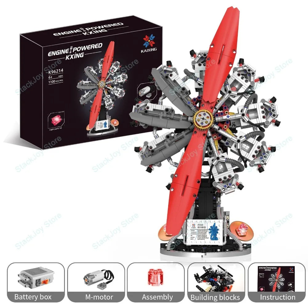 K96214 1100PCS Radial Aircraft Engine Model Light Version 9-Cylinder Building Kit with Realistic Mechanics for Adults  Teens