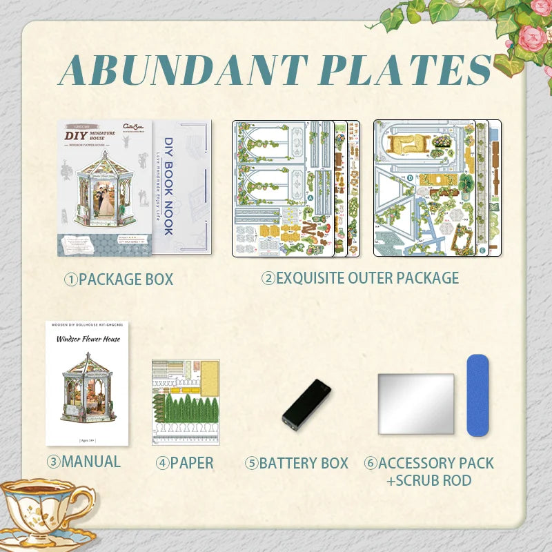 CUTEBEE DIY Book Nook Kit Windsor Flower House Wooden Bookshelf Insert 3D Building Model Miniature Dollhouse for Adults Gift