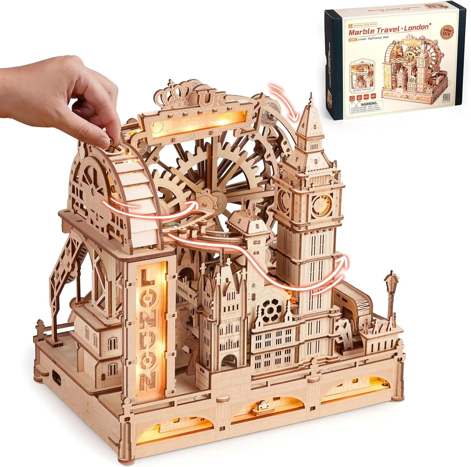 Robotime Rokr 3D Wooden Puzzles London City Miniature Marble Run Building Toys DIY Pinball Machine Model Kits Gear Ball Challeng