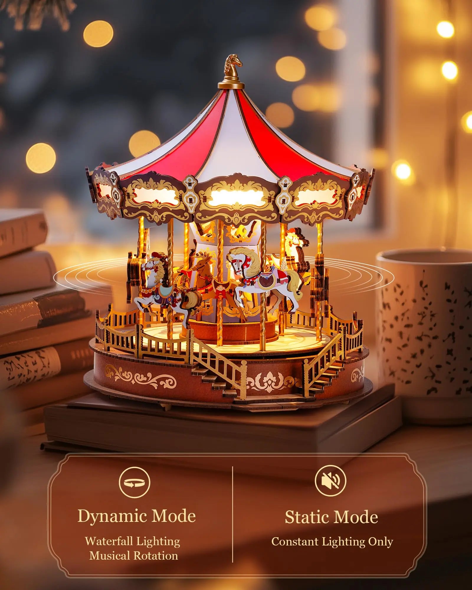 Robotime Rolife Classic Carousel Music Boxes Easy Assemble 3D Wooden Puzzle Moveable Design with Light Xmas Gifts for Family