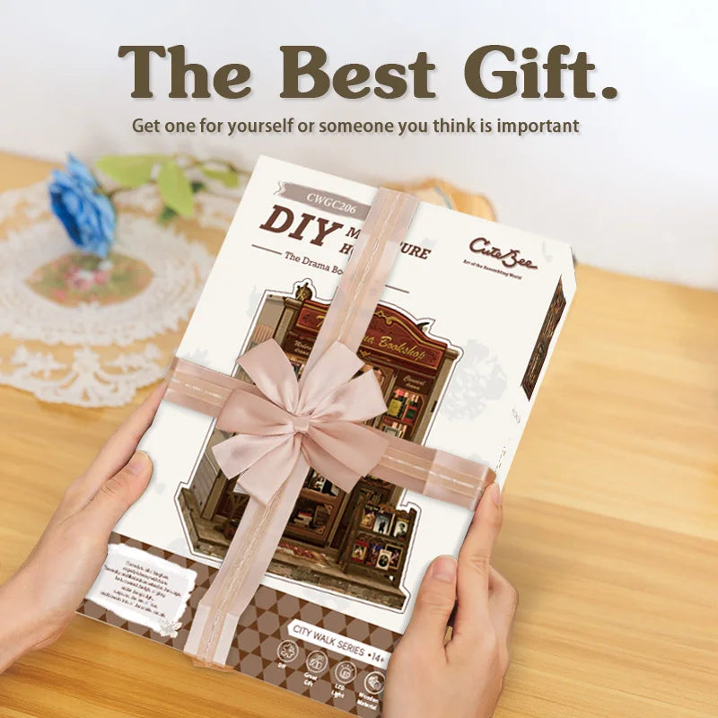 CUTEBEE Book Nook Kit DIY Doll House with LED Light Bookshelf Insert The Drama Bookshop Model Collection For Birthday Child Gift