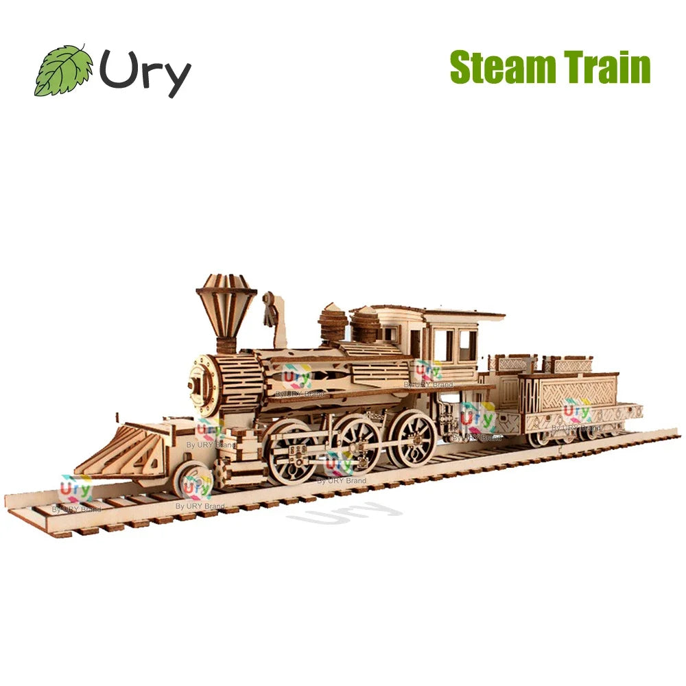 Ury 3D Wooden Puzzle Retro Steam Train with Track Railway Bridge Handmade Assembly Truck Model DIY Toys Decoration Gift for Kids