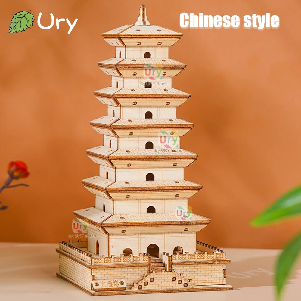 Ury 3D Wooden Puzzle Chinese Bell Tower Giant Wild Goose Pagoda Traditional Building DIY Model Assembly Desktop Gift for Adults