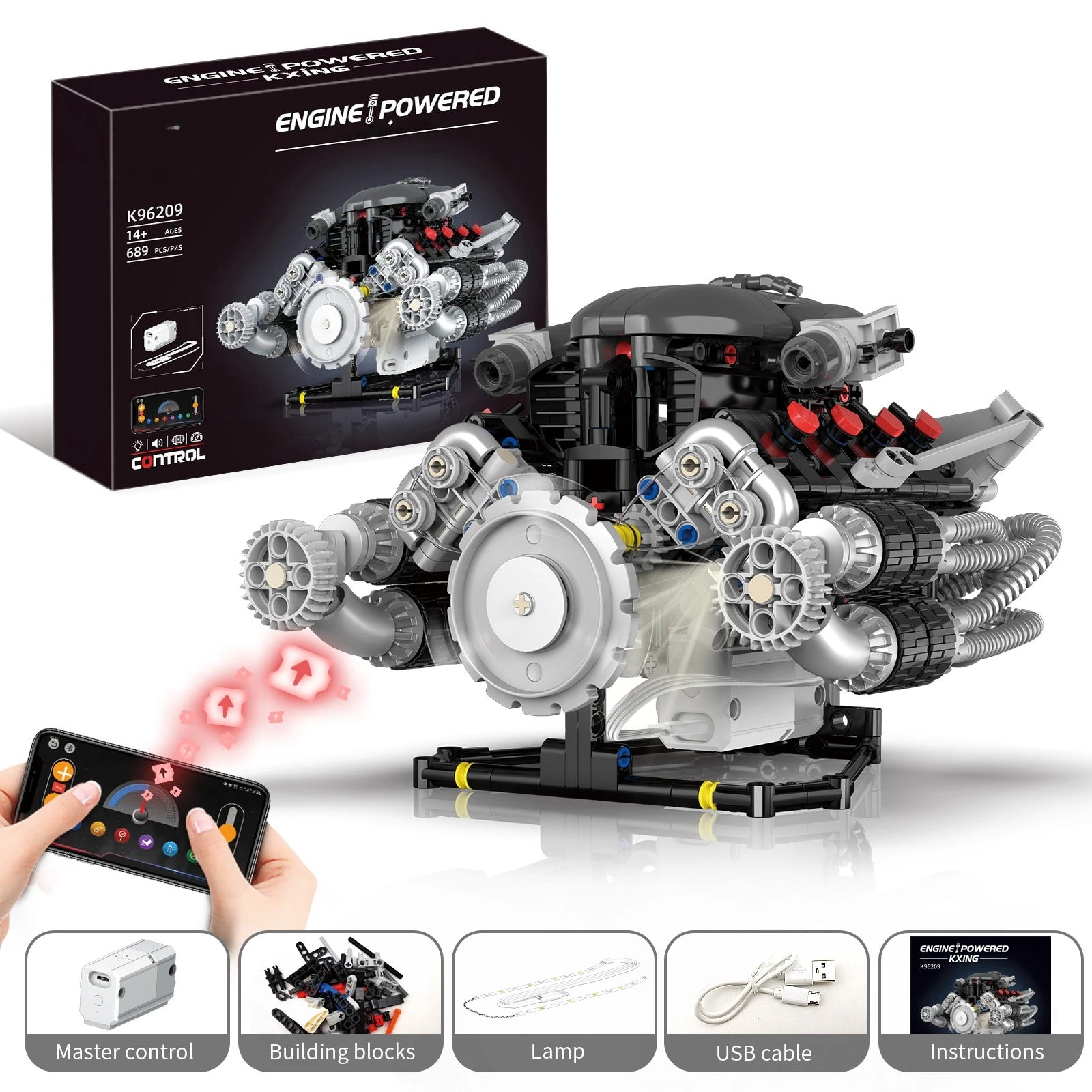Supercar V8 Engine Technic Parts Block Model 689 Pellet Motor Drive with Light Ambience Perfect Gift for Boys Christmas Birthday