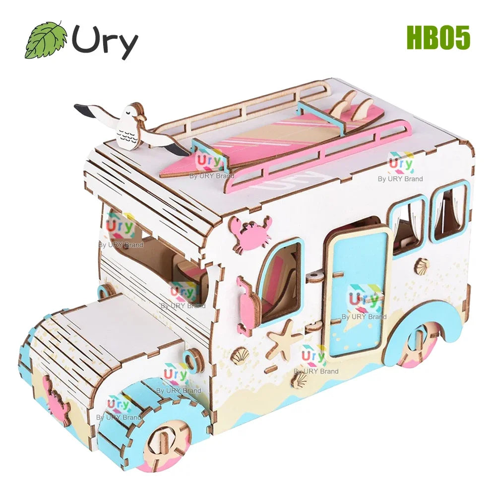 Ury 3D Wooden Puzzle Colorful Dessert Cart Beach Camping RV Truck Movable Retro Vehicle Assembly Model Decoration Gift for Kids