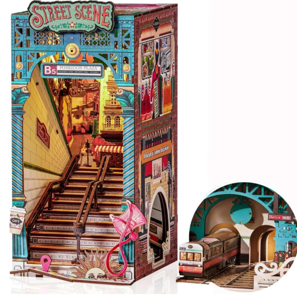 Robotime DIY Miniature House Book Nook Kits Street Scene Booknook with Lights Diorama Model Building Kit Decor Gift for Adults