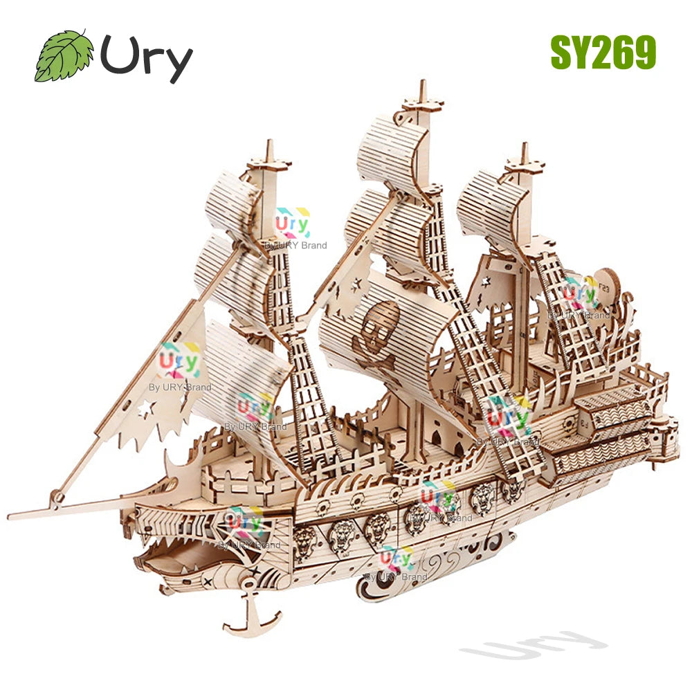 Ury DIY 3D Wooden Puzzle Retro Style Halloween Ghost Pirate Ship Model Toys Handmade Set Home Decoration Christmas Gift for Kids
