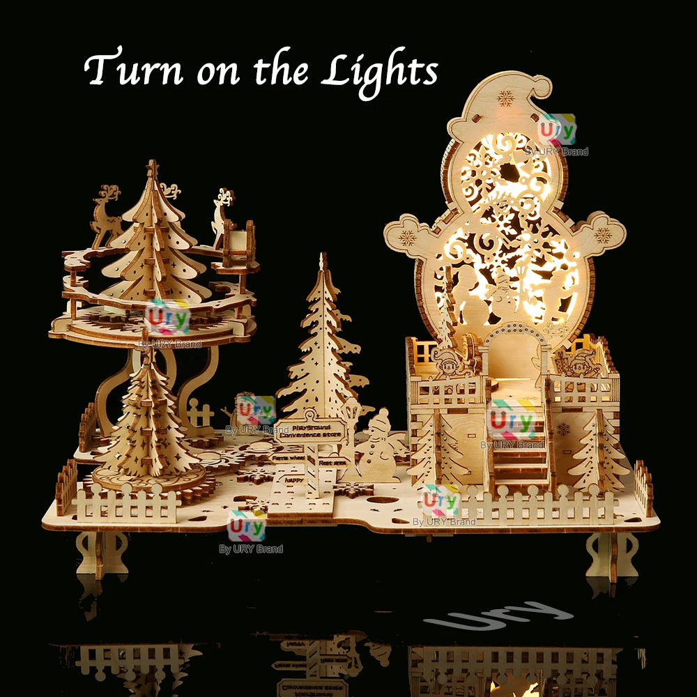 3D Wooden Puzzle Christmas Amusement Park Deer Carriage Music Box with Light Assembly Toy for Kid DIY Model Decoration for Gifts