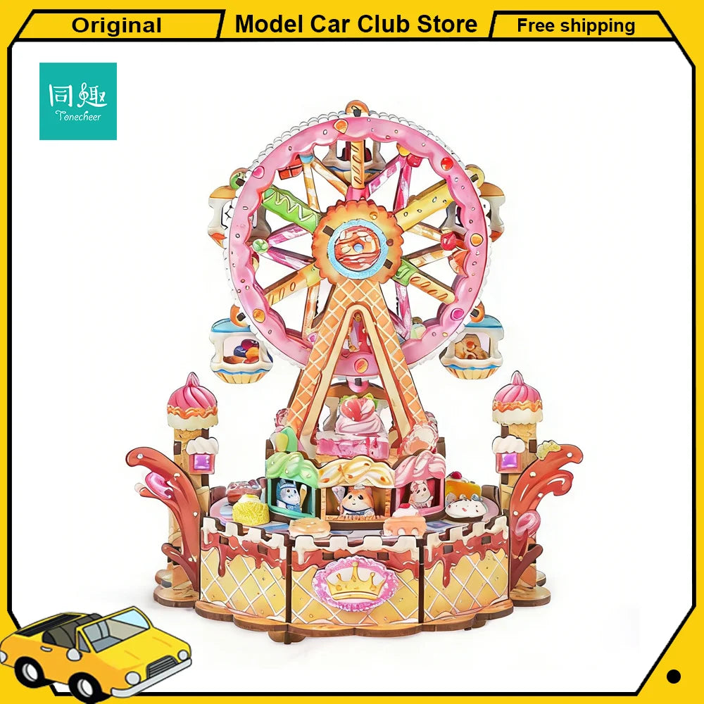 Tonecheer Sweet Wheel Music Box DIY Wooden Puzzle Dollhouse Diorama Transmission Model Kit 3D Wooden Decoration Birthday Gift