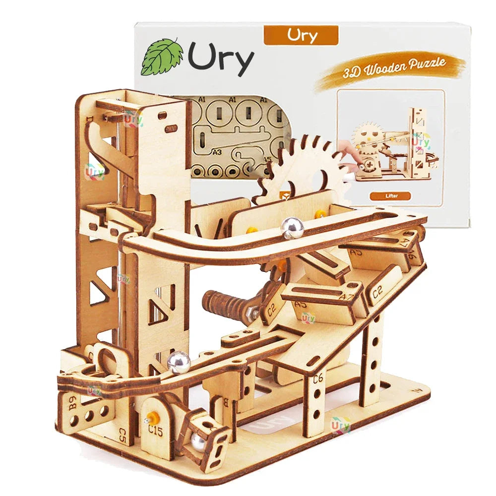 Ury 3D Wooden Puzzle Mini Marble Run Set DIY Mechanical Track Manual Model Building Block Kits Assembly Toy Gift for Teens Adult