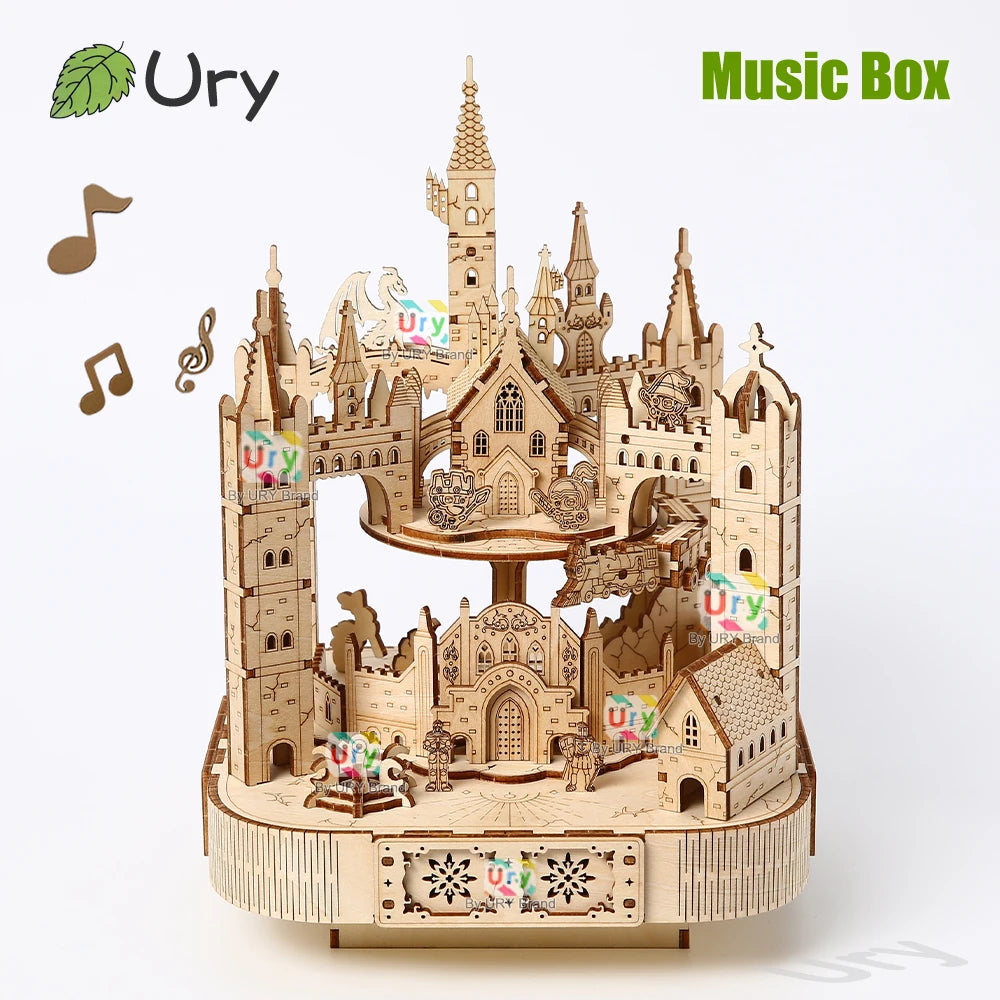 Ury 3D Wooden Puzzle Musical Octagonal Box Rotatable Touring Train Castle Model Mechanical Kit Decor DIY Toy Gift for Kid Adult