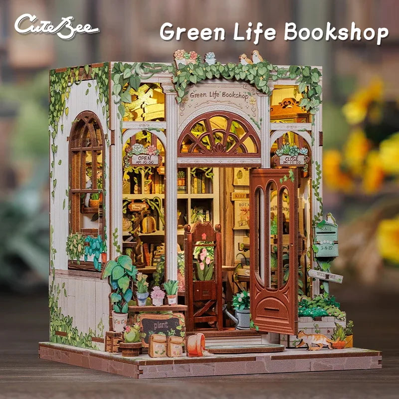 CUTEBEE Book Nook Kit Diy Miniature House Decoration Wooden Book Shelf Insert Model with Light 3D Puzzle Building For Child Toys