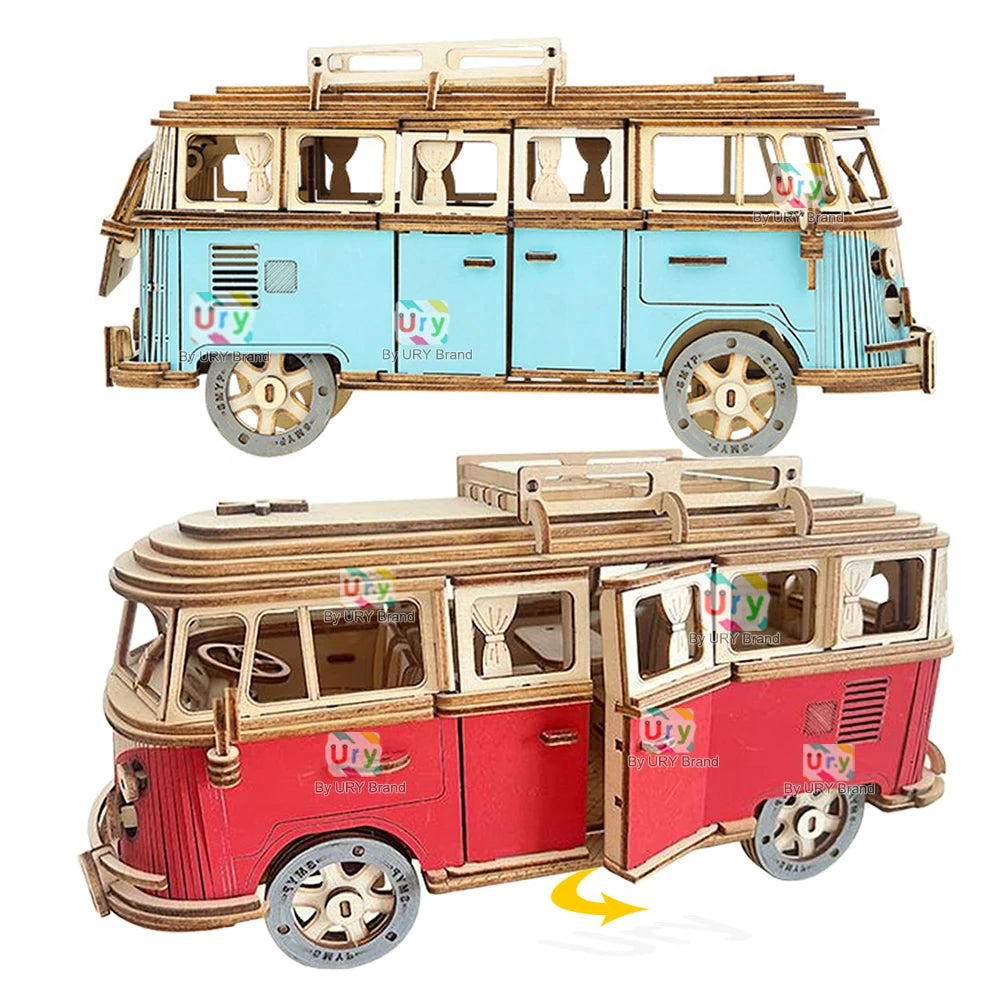 Ury 3D Wooden Puzzle Retro Camping Car Bus Classic Nostalgic Movie Vehicle Assembly Model DIY Decoration Gift Toys for Kid Adult