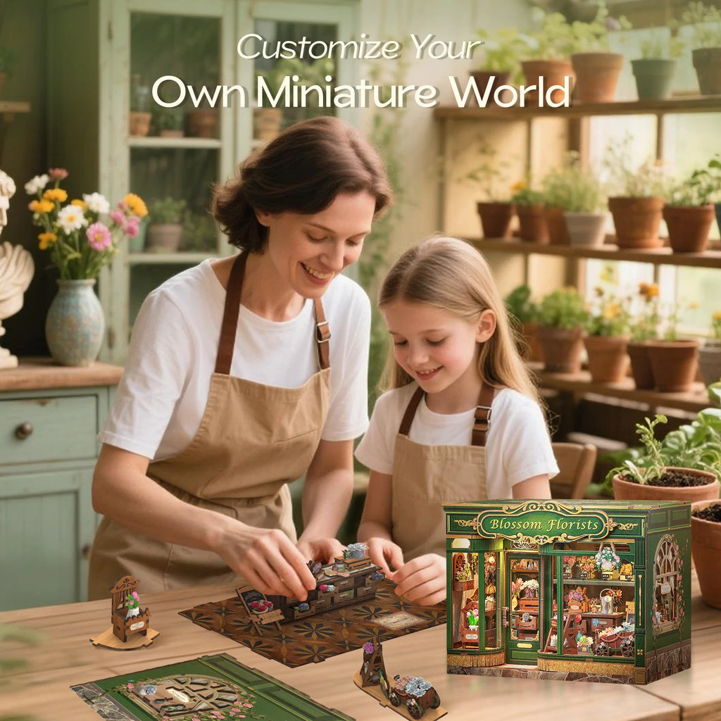 CUTEBEE Book Nook Kit DIY Doll House with LED Light Bookshelf Insert Blossom Florists Miniature Model For Birthday Family Gift