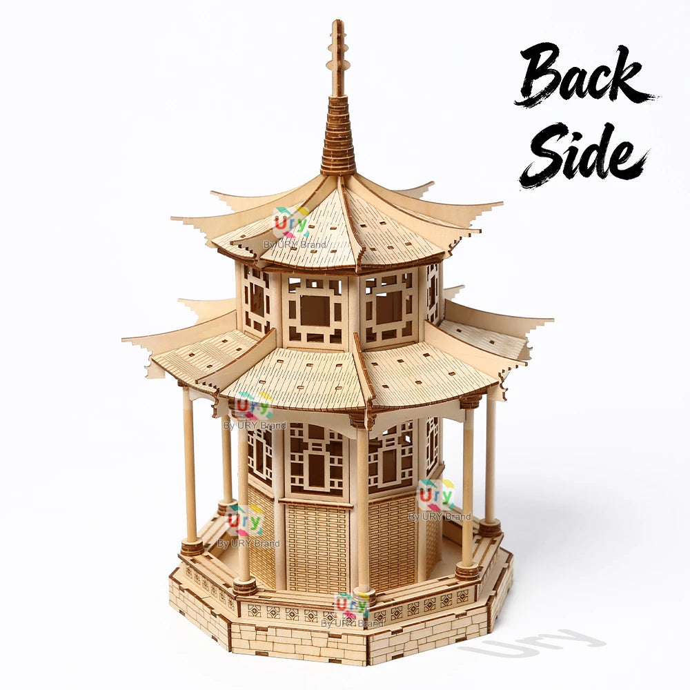 3D Wooden Puzzle Chinese Traditional Audience Pavilion Building DIY Model Game Assembly Desktop Toys Gift for Children Adults