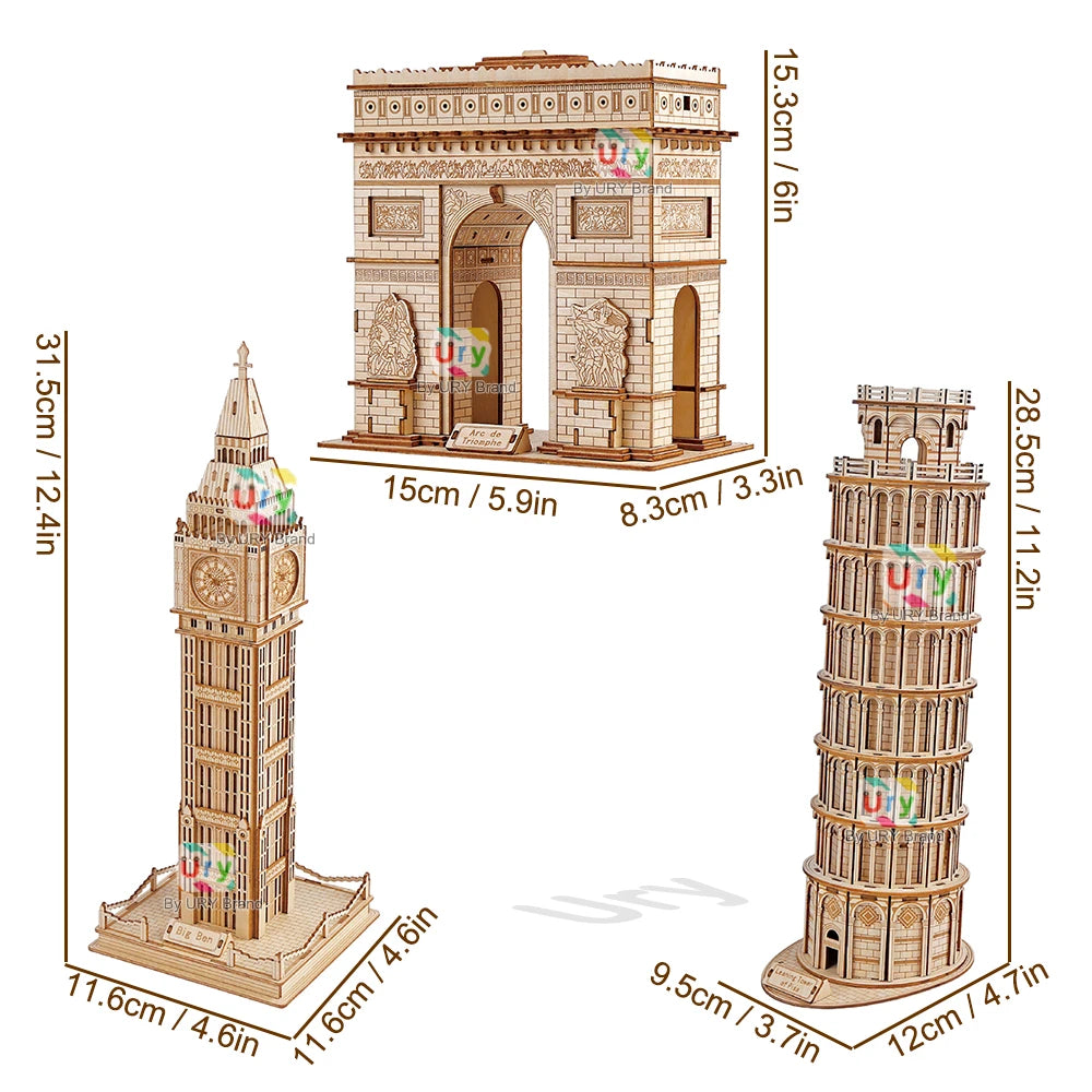 Ury 3D Wooden Puzzle Leaning of Pisa Big Ben Famous European UK Attractions Building World Architecture Model DIY Toy Decoration