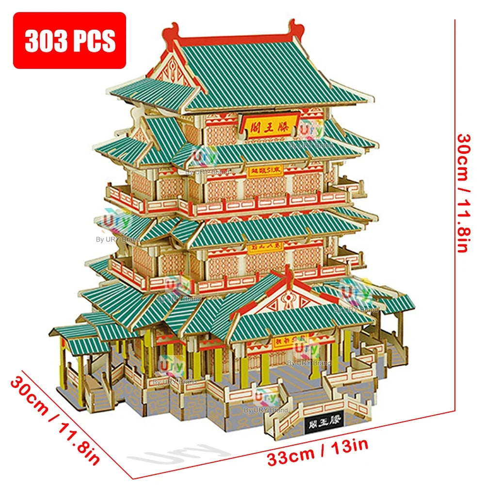 Ury 3D Wooden House Colorful Chinese Traditional Puzzle Building DIY Model Game Assembly Desktop Toy Gift for Children Adult