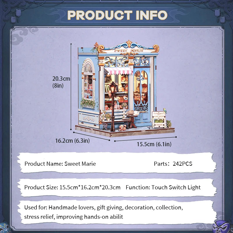 CUTEBEE Book Nook Kit DIY Doll House with LED Light Bookshelf Insert Sweet Marie Miniature Model For Birthday Family Gift