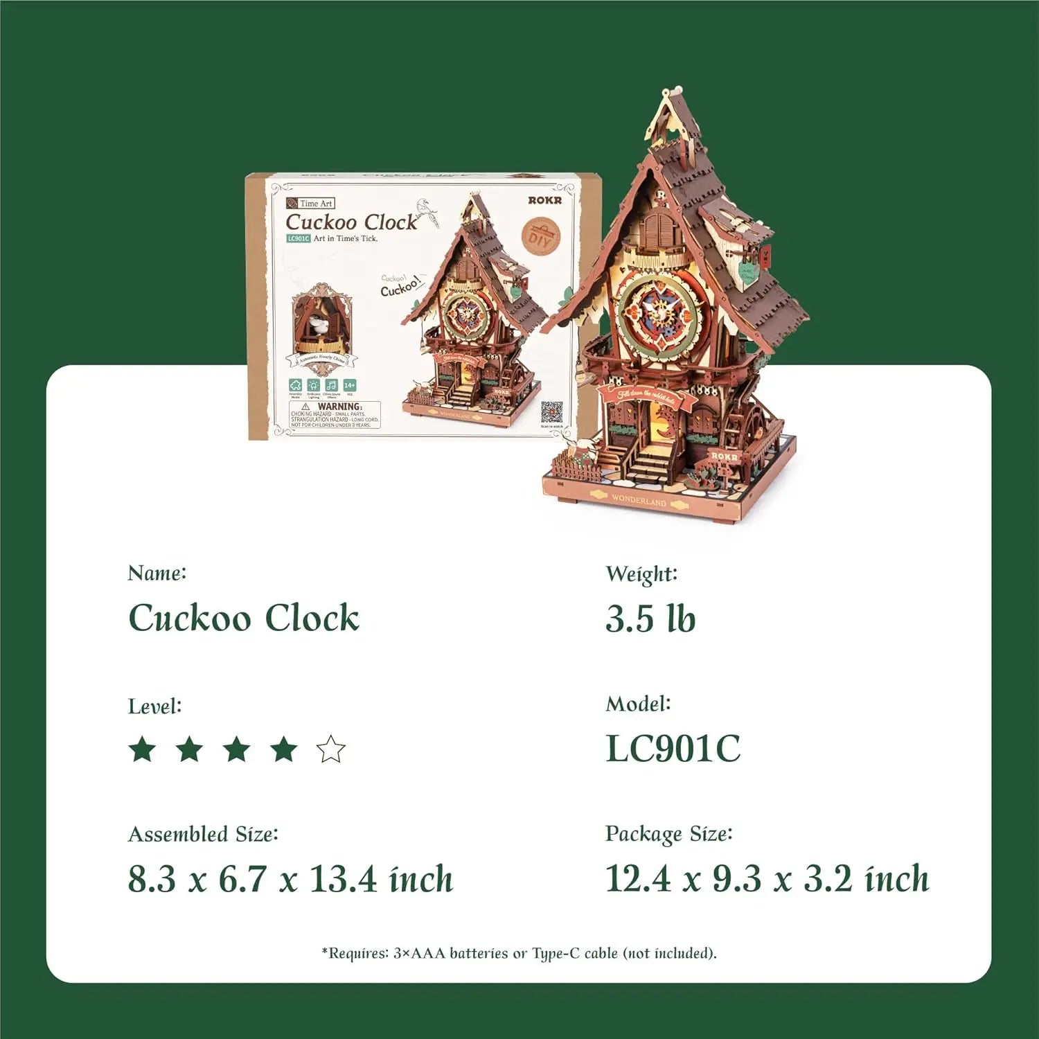 Robotime Rokr 3D Wooden Puzzle Cuckoo Clock Kit Black Forest Style with Working Bird  DIY Clock Model Kit for Kids Adults Model