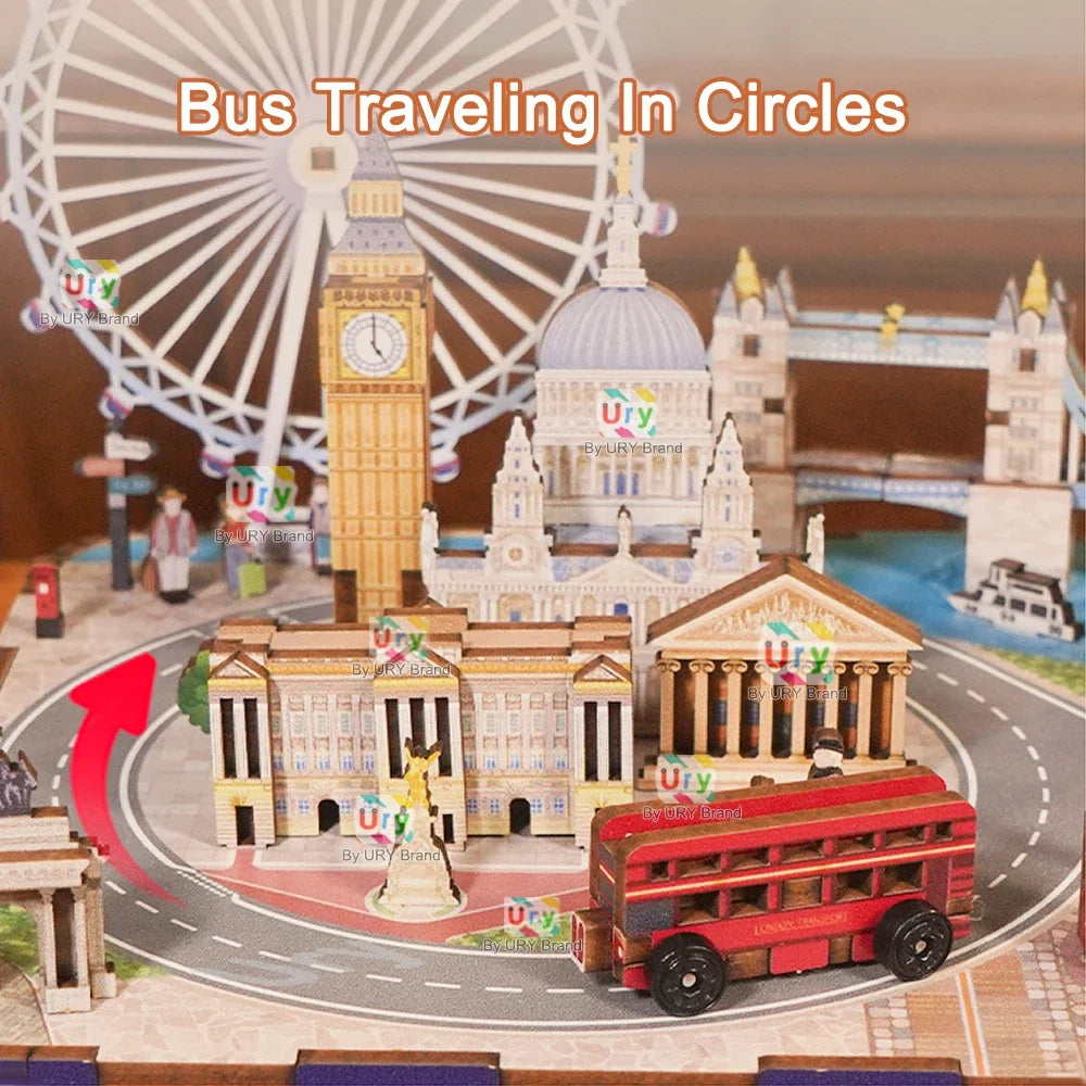 Ury 3D Wooden Puzzles Ferris Wheel London Scenery Rotatable Tour Bus  Bridge Music Box Model Kit Assembly DIY Toy Gift for Adult