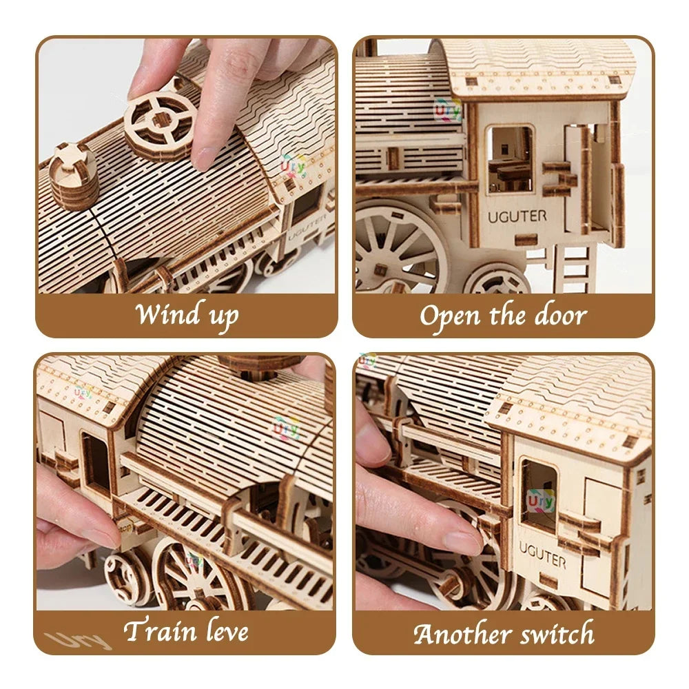 Ury 3D Wooden Puzzle Movable Retro Steam Train Double-decker Bus Handmade Assembly Truck Model DIY Toys Decoration Gift for Kids