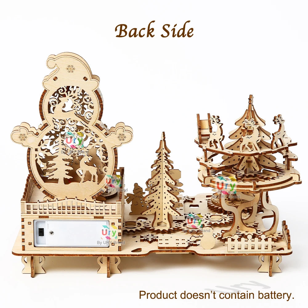 3D Wooden Puzzle Christmas Amusement Park Deer Carriage Music Box with Light Assembly Toy for Kid DIY Model Decoration for Gifts
