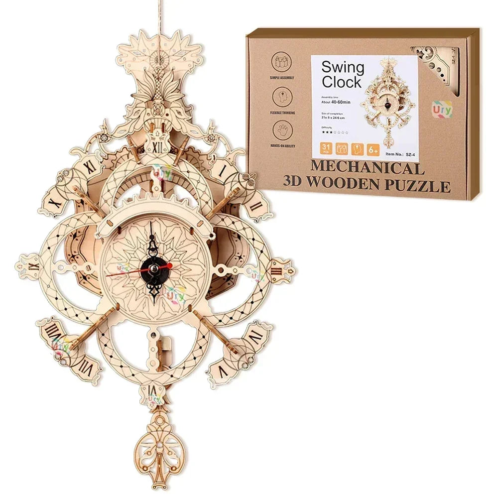 URY 3D Wooden Puzzle Retro Wall Clock Mechanical Model Building Luxurious Style Pendulum Assembly Home Decoration for Kids Gifts