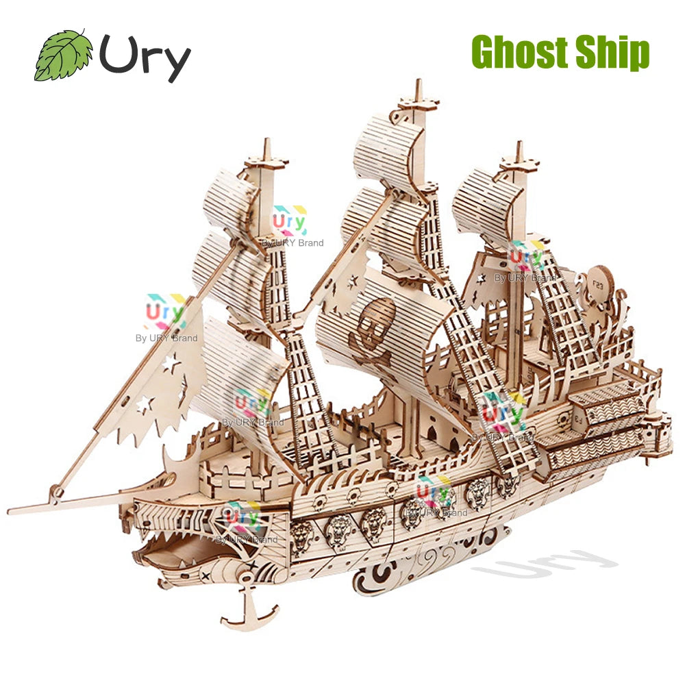 Ury DIY 3D Wooden Puzzle Retro Style Halloween Ghost Pirate Ship Model Toys Handmade Set Home Decoration Christmas Gift for Kids