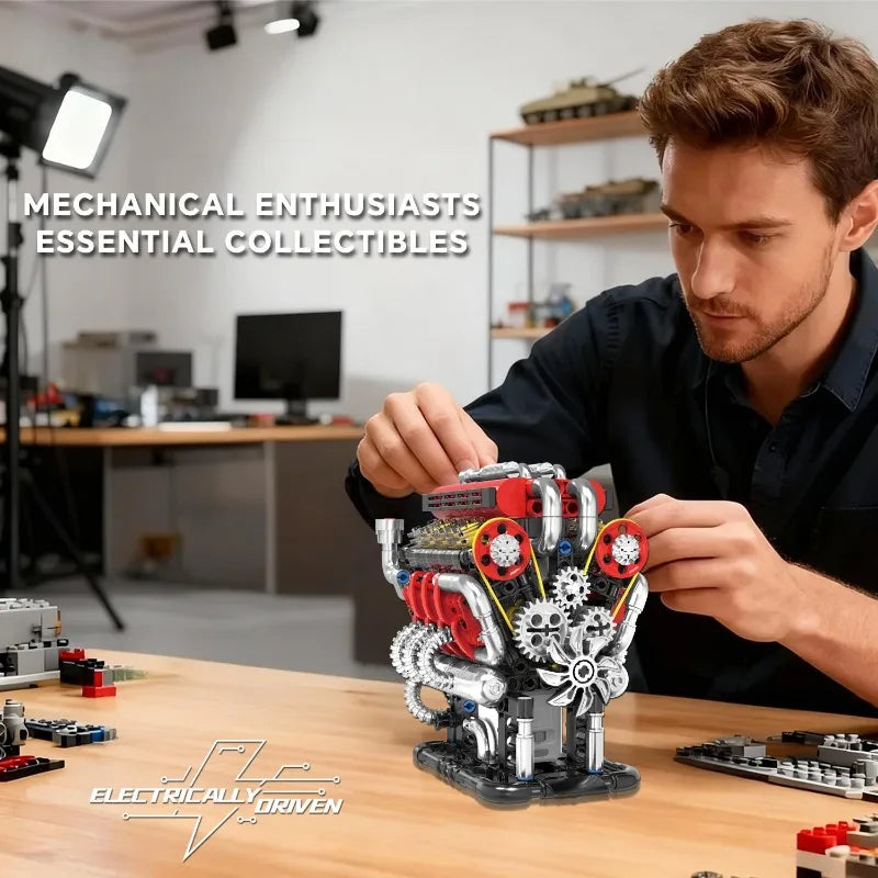 FE Japanese V8 Engine Building Block Model Kit 500+ Bricks Classic Car Engine Electric USB Charging Version Adult Holiday Gift