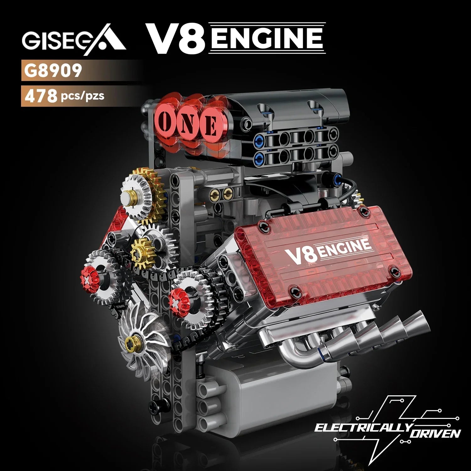NEW G8909 478pcs V8 Engine Technical Building Blocks With L Motor Car Model Assembly Bricks Educational DIY Toys AA Battery Box