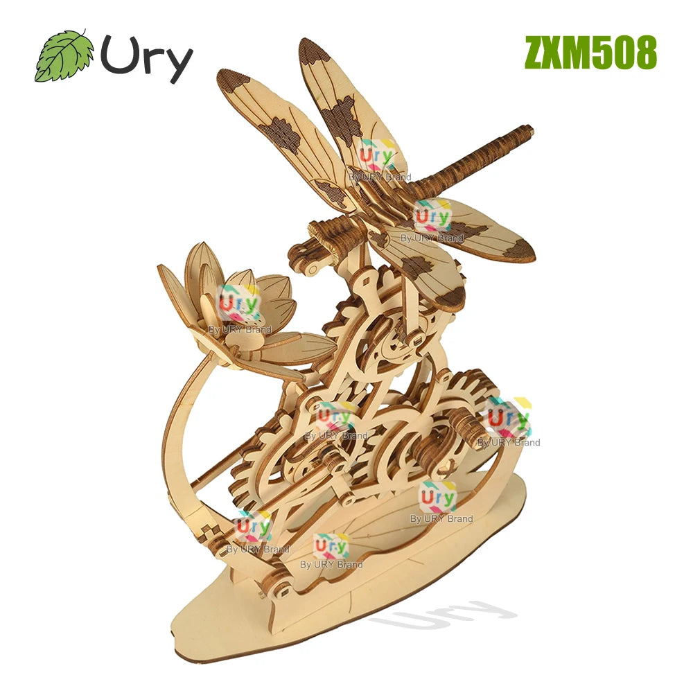 URY 3D Wooden Puzzle Mechanical Dragonfly Honey Harvesting DIY Insect Game Advanced Assembly Model Toys Creative Gift for Kids