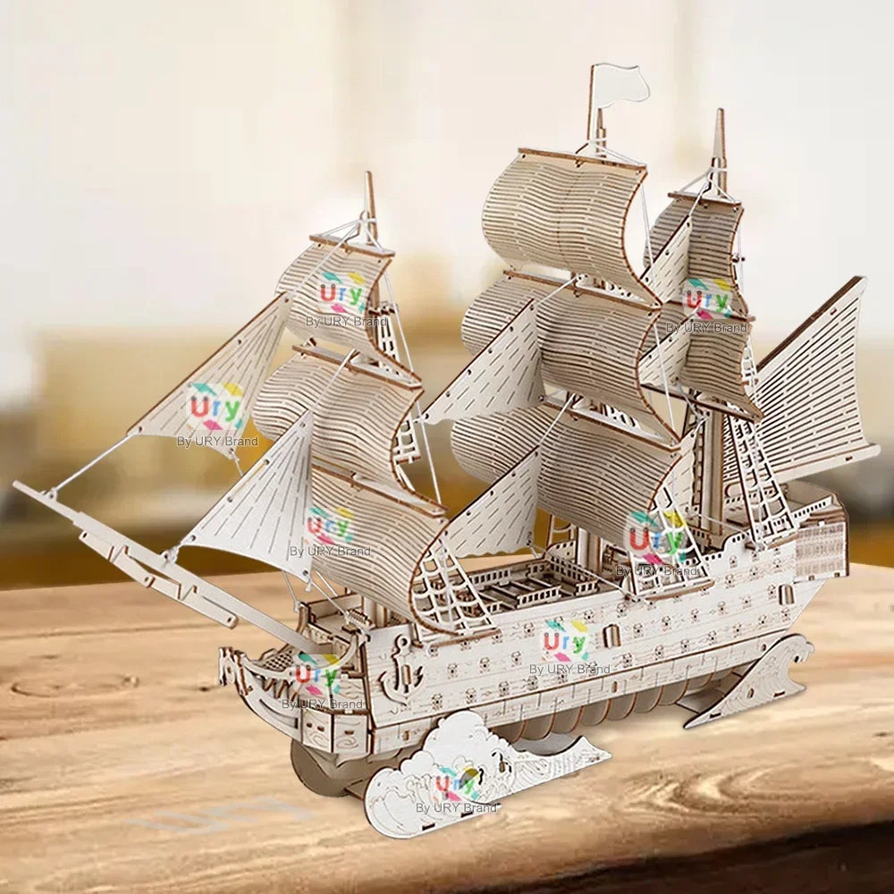 URY DIY 3D Wooden Puzzle Retro Sailboat Carrack Ship Model Kit Toys Handmade Set Home Desktop Decoration Christmas Gift for Kids