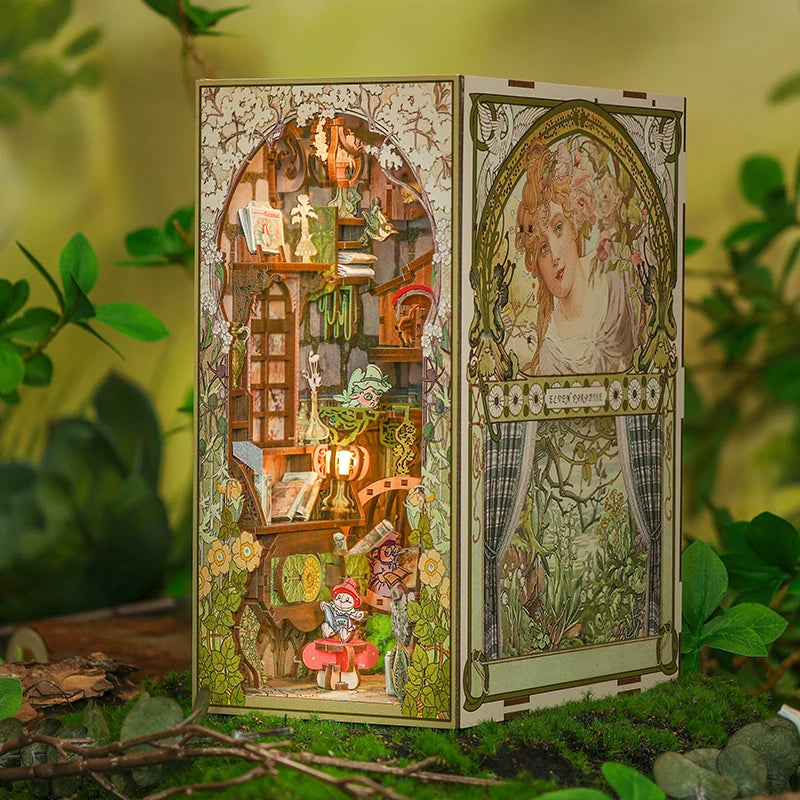CUTEBEE DIY Gifts Ideas Book Nook Kit Crafts Wooden Doll House Touch Light Elven Paradise Diorama Bookshelf Insert Decor Model