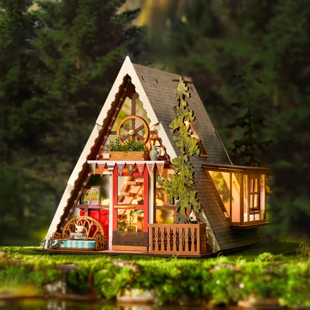 ROBOTIME Rolife A-Frame Cabin DIY Miniature House 3D Wooden Puzzle Therapeutic Home Decor Unique Valentine's Day Gift for Adults