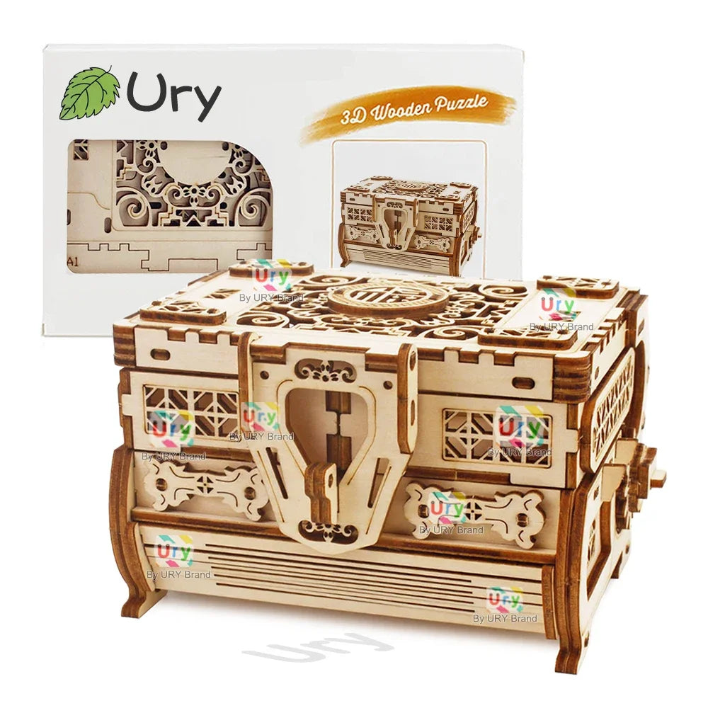 URY 3D Wooden Puzzle Mini Antique Treasure Box Dressing Case DIY Game Advanced Assembly Model Toys Creative Gift for Lady Girls