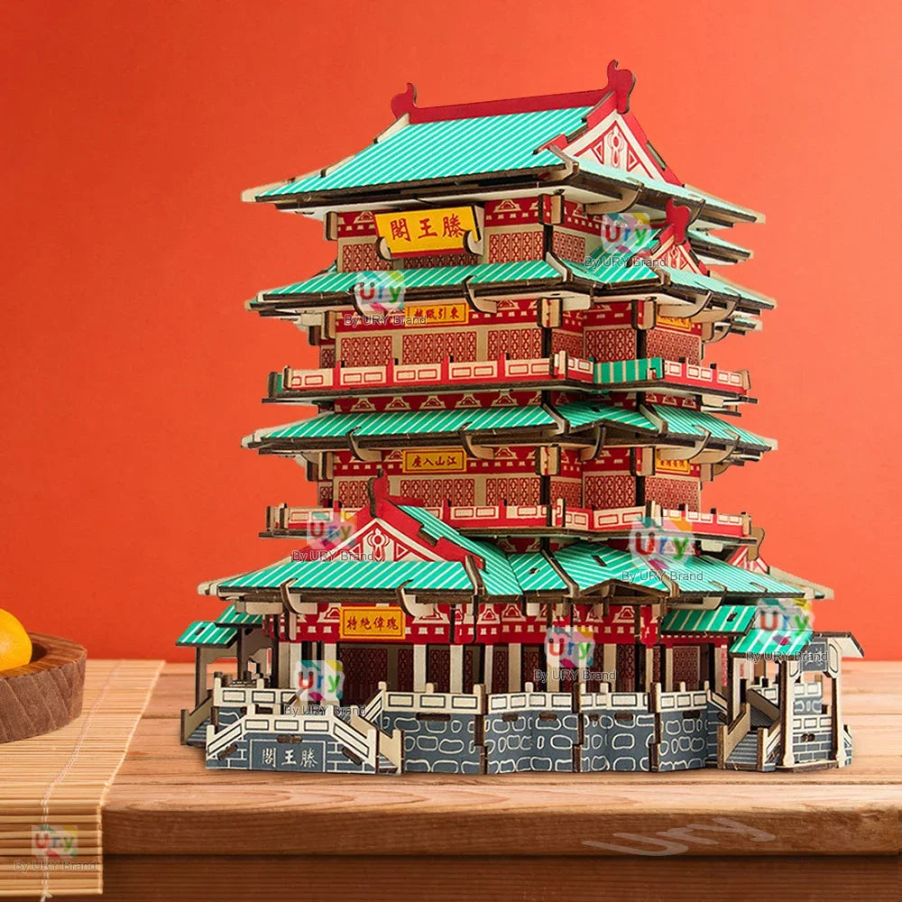Ury 3D Wooden House Colorful Chinese Traditional Puzzle Building DIY Model Game Assembly Desktop Toy Gift for Children Adult