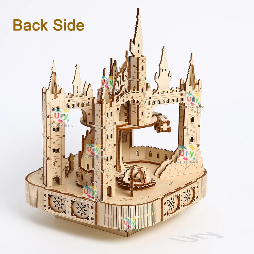 Ury 3D Wooden Puzzle Musical Octagonal Box Rotatable Touring Train Castle Model Mechanical Kit Decor DIY Toy Gift for Kid Adult