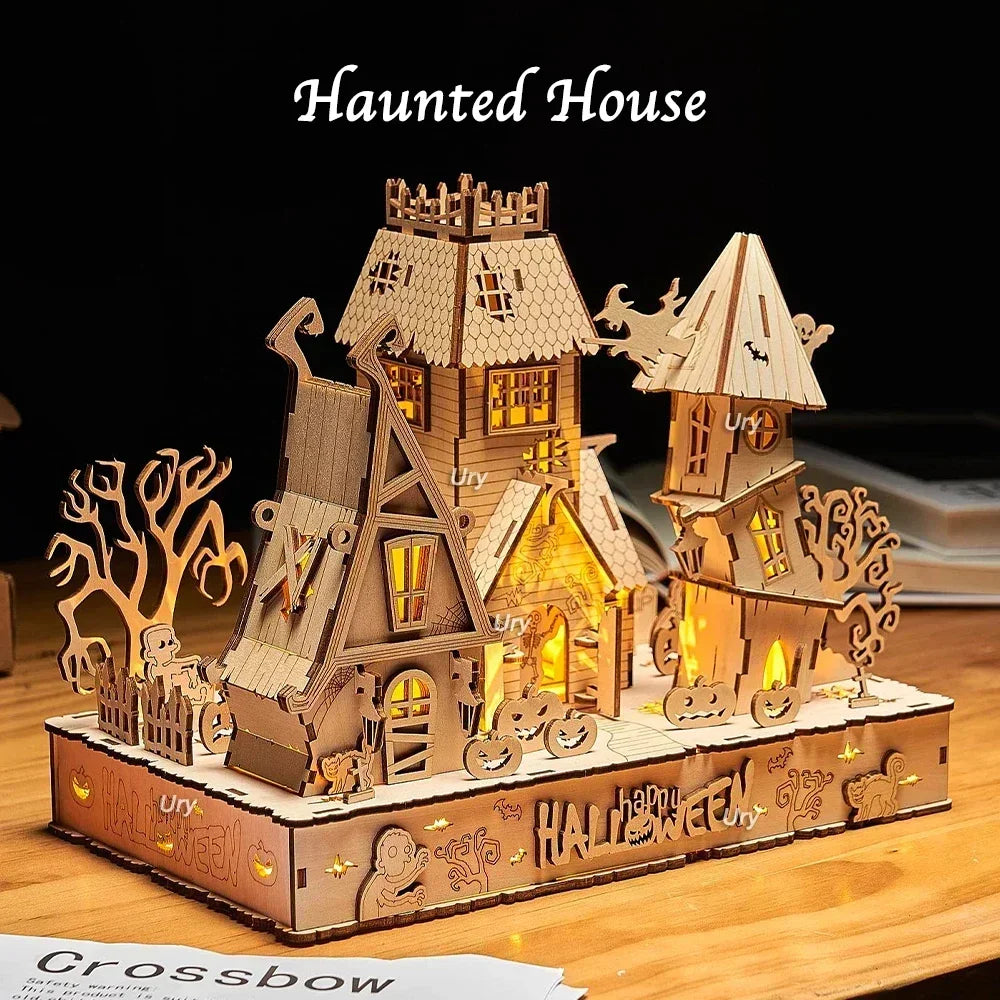 URY New 3D Halloween Haunted House Wooden Puzzle Ghost Tree Light DIY Model Craft Kits Desk Decoration Toys Gift for Kids