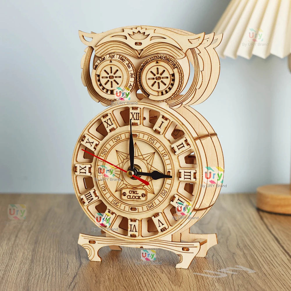 Ury 3D Wooden Puzzle Retro Pendulum Owl Wall Clock Model Set Hygrometer Mechanical Gear Decoration Hand-assembled Toy Kids Gift