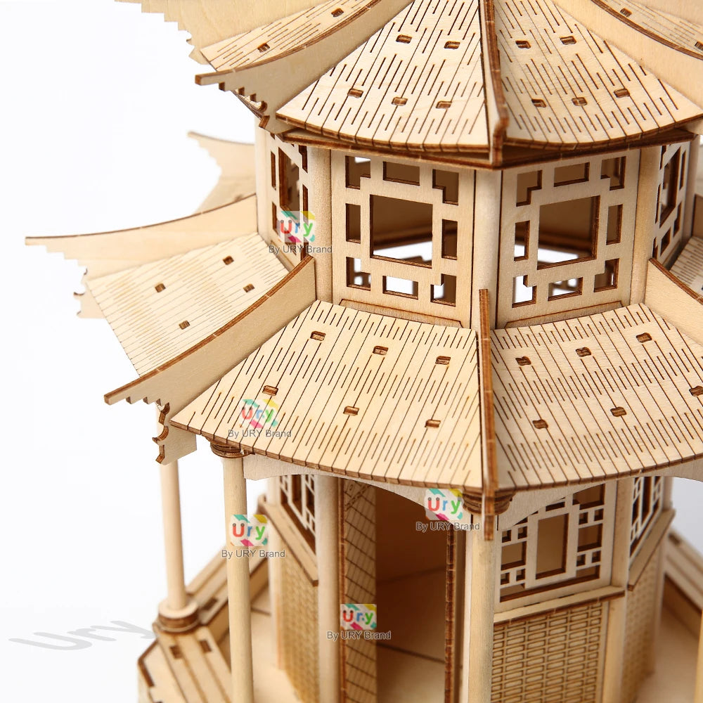 3D Wooden Puzzle Chinese Traditional Audience Pavilion Building DIY Model Game Assembly Desktop Toys Gift for Children Adults