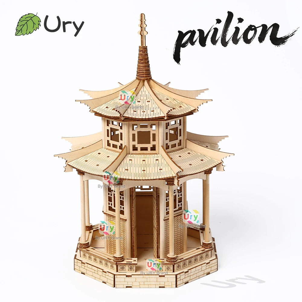3D Wooden Puzzle Chinese Traditional Audience Pavilion Building DIY Model Game Assembly Desktop Toys Gift for Children Adults
