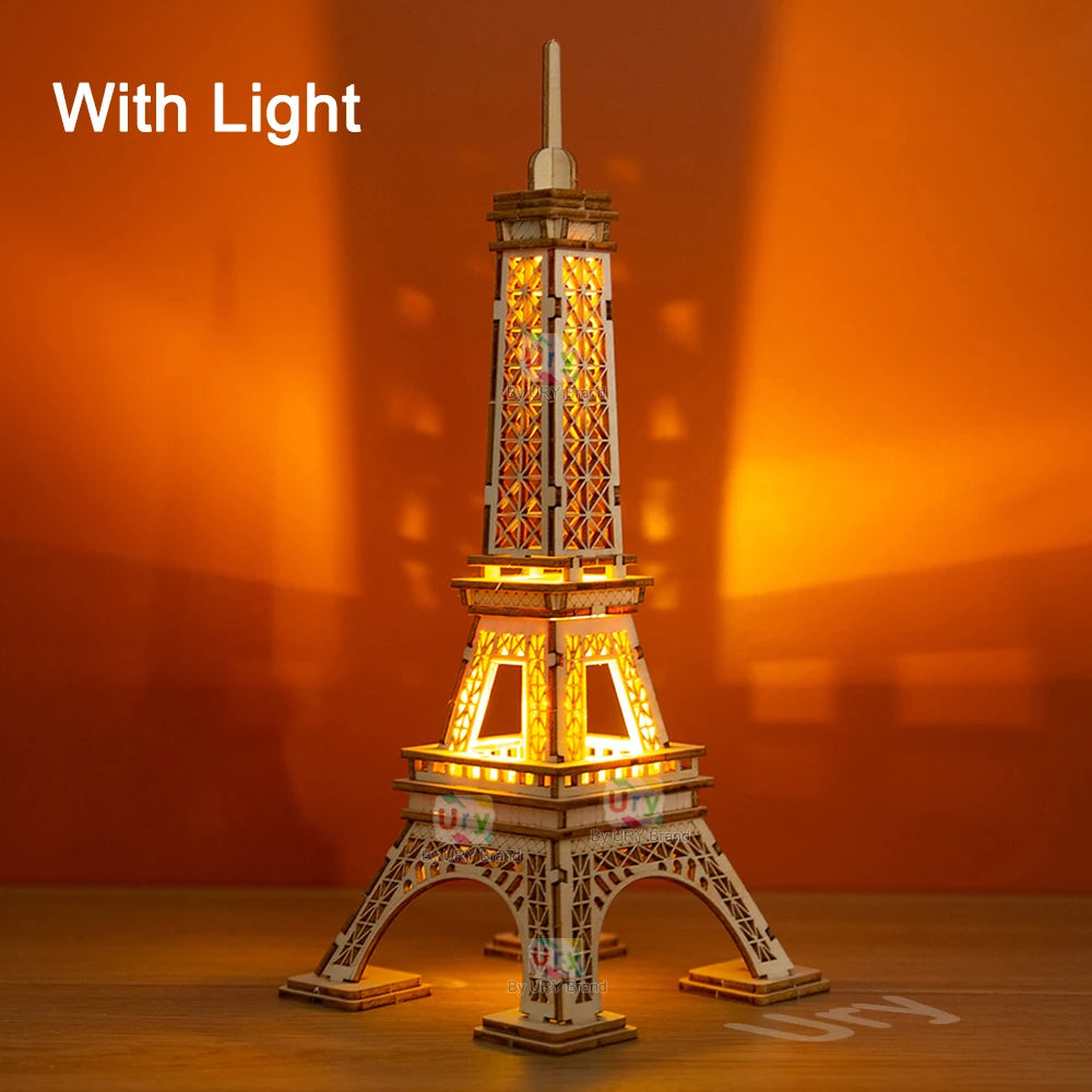 Ury 3D Wooden Puzzle Paris Eiffel Tower with Light Famous European Classics Building World Architecture Model DIY Toy Decoration